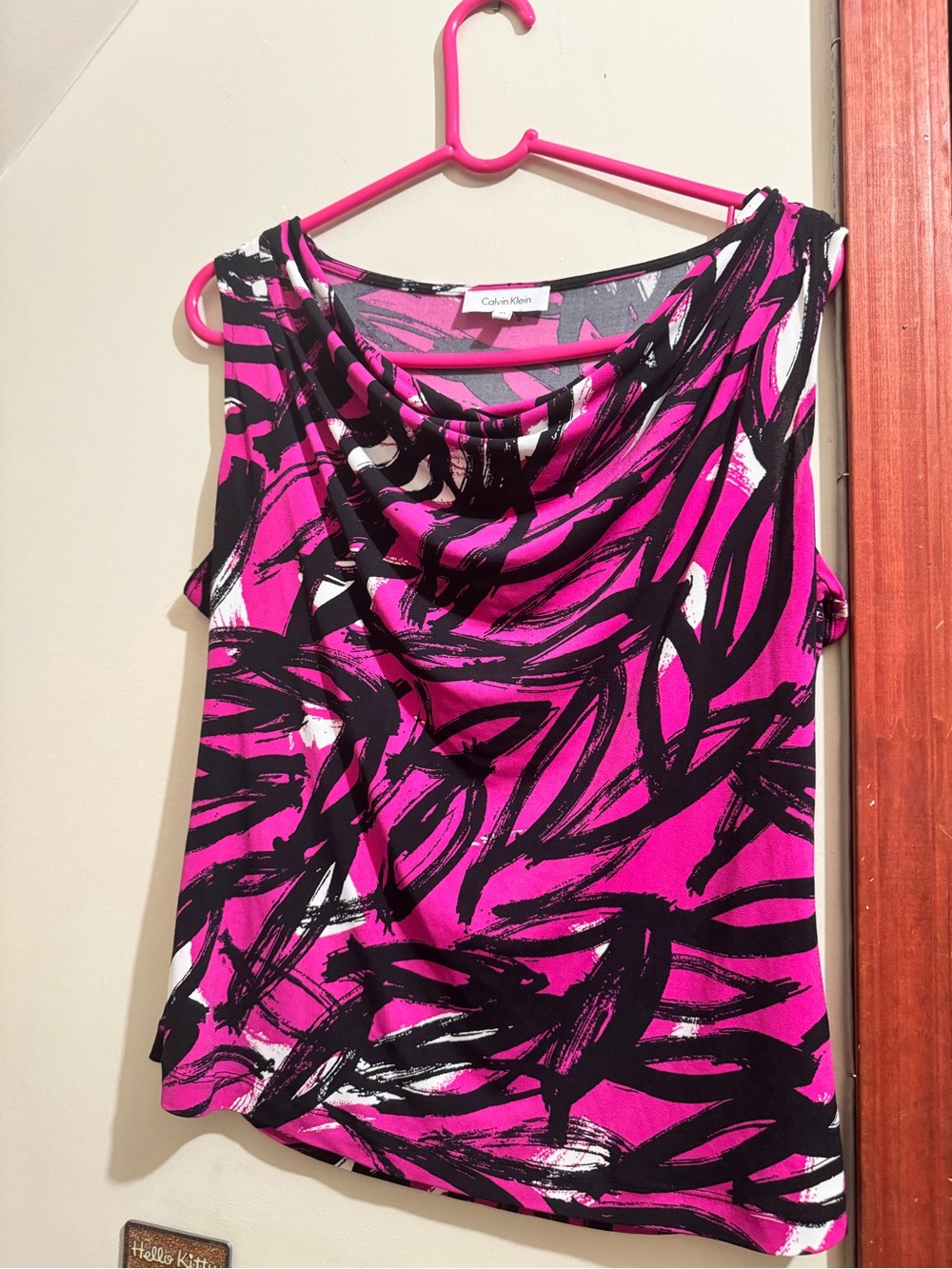 Calvin Klein Fuchsia Black White Abstract Cowl Neck Blouse